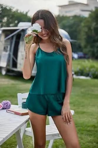 Silk Pajamas Set for Women Satin Backless Lingerie Pjs Cami Top and Shorts Nightwear - Love Salve